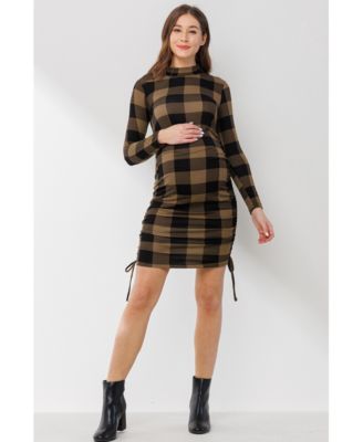 Maternity Bodycon Plaid Side Ruched Long Sleeve Dress