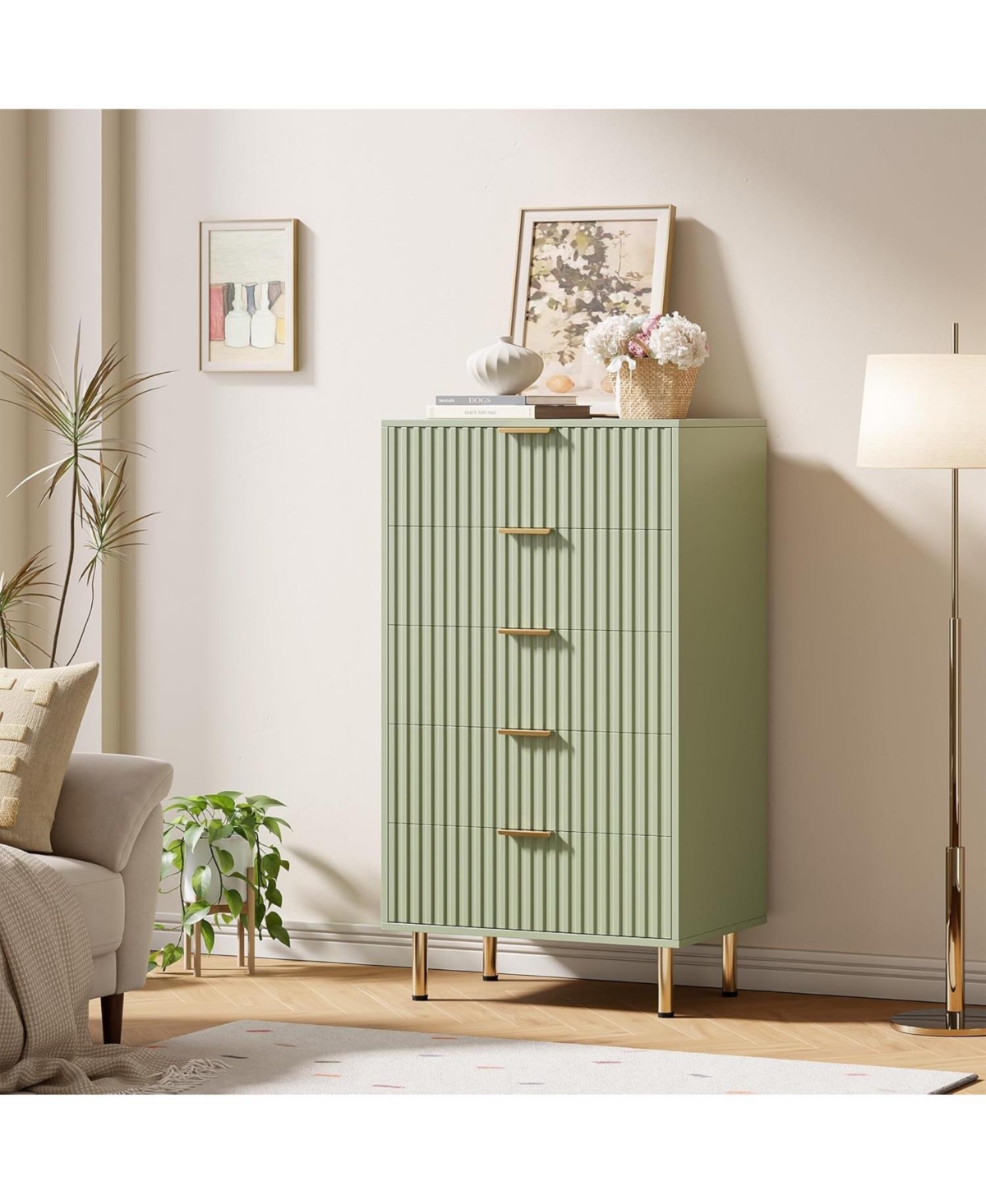 gaomon 5-Drawer Modern Fluted Green Dresser, 47.2 Inch Tall Chest with Deep Drawers, Wide Top, Organizer for Bedroom