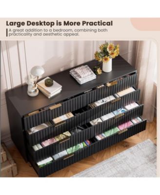 8-Drawer Modern Fluted Black Dresser, 55 Inch Wide Chest, Deep Drawers, Wooden Organizer for Bedroom, Living Room, Kids Room