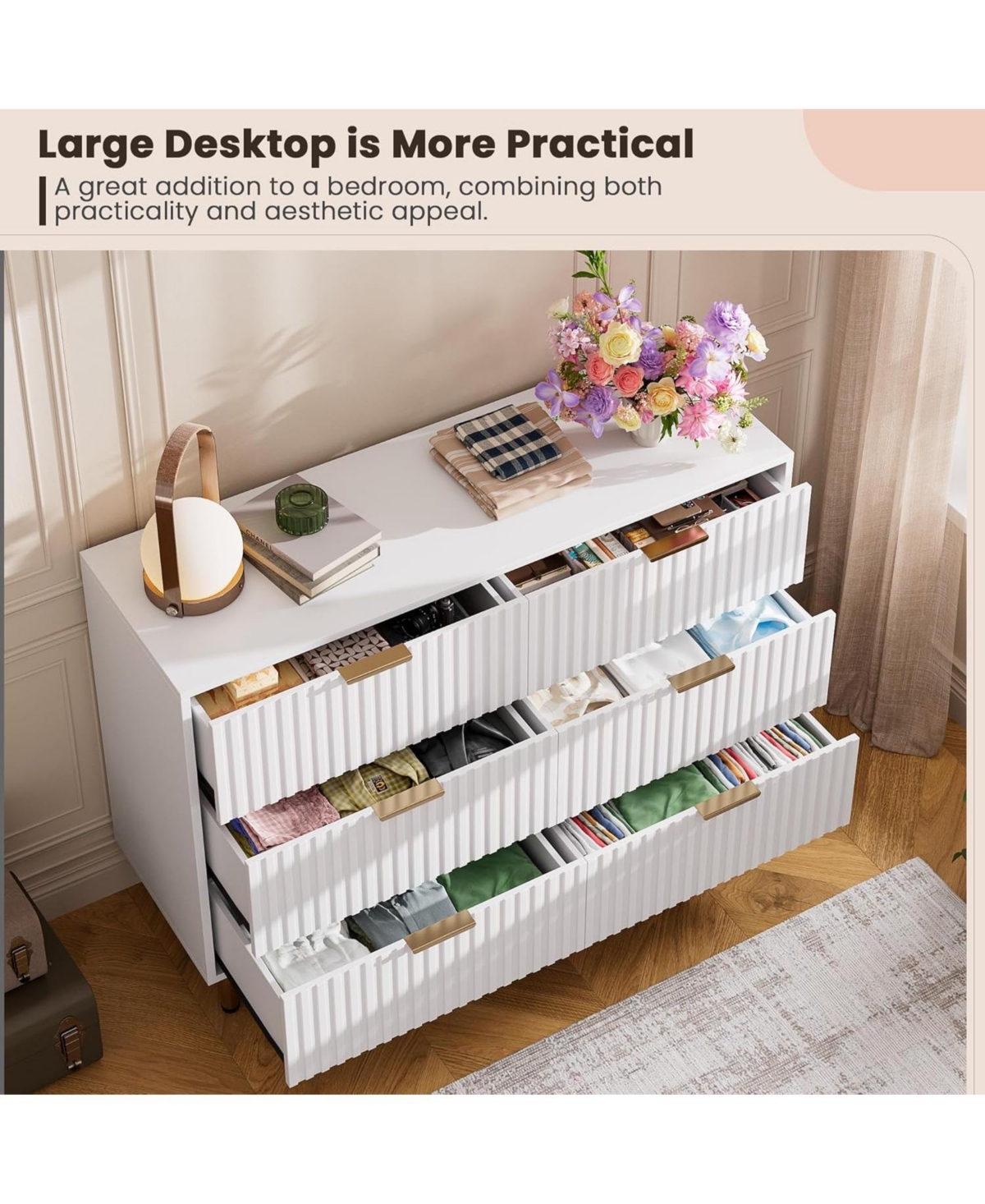 gaomon 6-Drawer Modern Fluted White Dresser, 47.2 Inch Wide Chest, Deep Drawers, Tv Stand, Organizer for Bedroom, Living Room, Kids Room