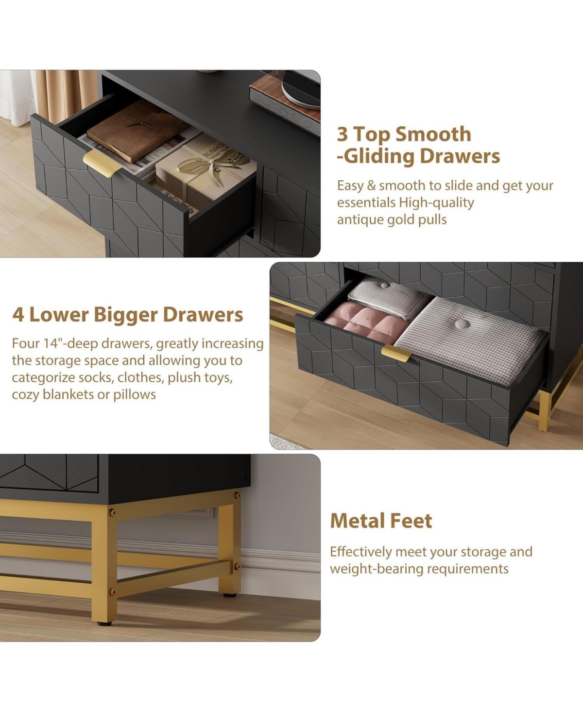 gaomon 53.5 Inch Black 7-Drawer Modern Dresser, Gold Metal Handle & Legs, Chest Storage Organizer for Closet, Entryway