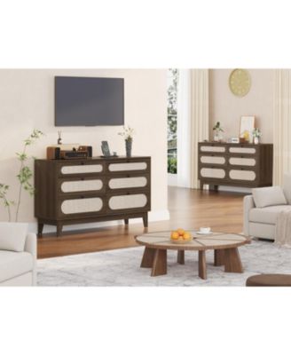 52.1 Inch 6 Drawer Rattan Wood Dresser with Charging Station, Different Capacity Drawers, Bedroom, Dark Brown
