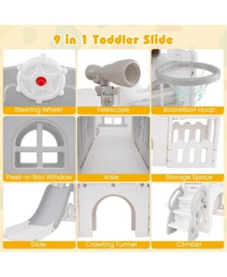 Indoor Toddler Slide Playset with Climber Tunnel Basketball Hoop and Activity Center