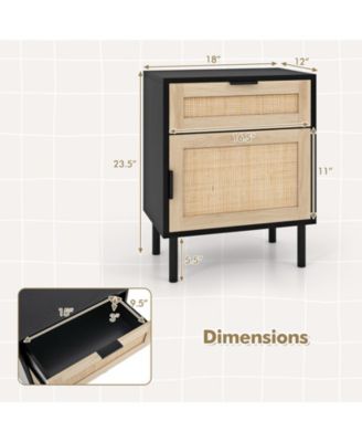 Rattan Nightstand Set of 2 with Drawer and Cabinet