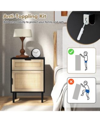 Rattan Nightstand Set of 2 with Drawer and Cabinet