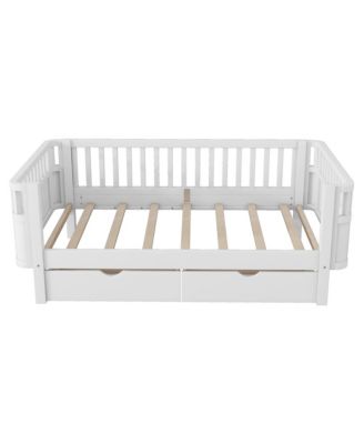 Twin Size Wood Platform Bed for Kids with Low Profile, Safety Rails & 2 Wheeled Storage Drawers