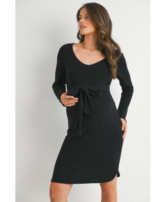 Maternity Ribbed Knit Tie-Front V Neck Dress