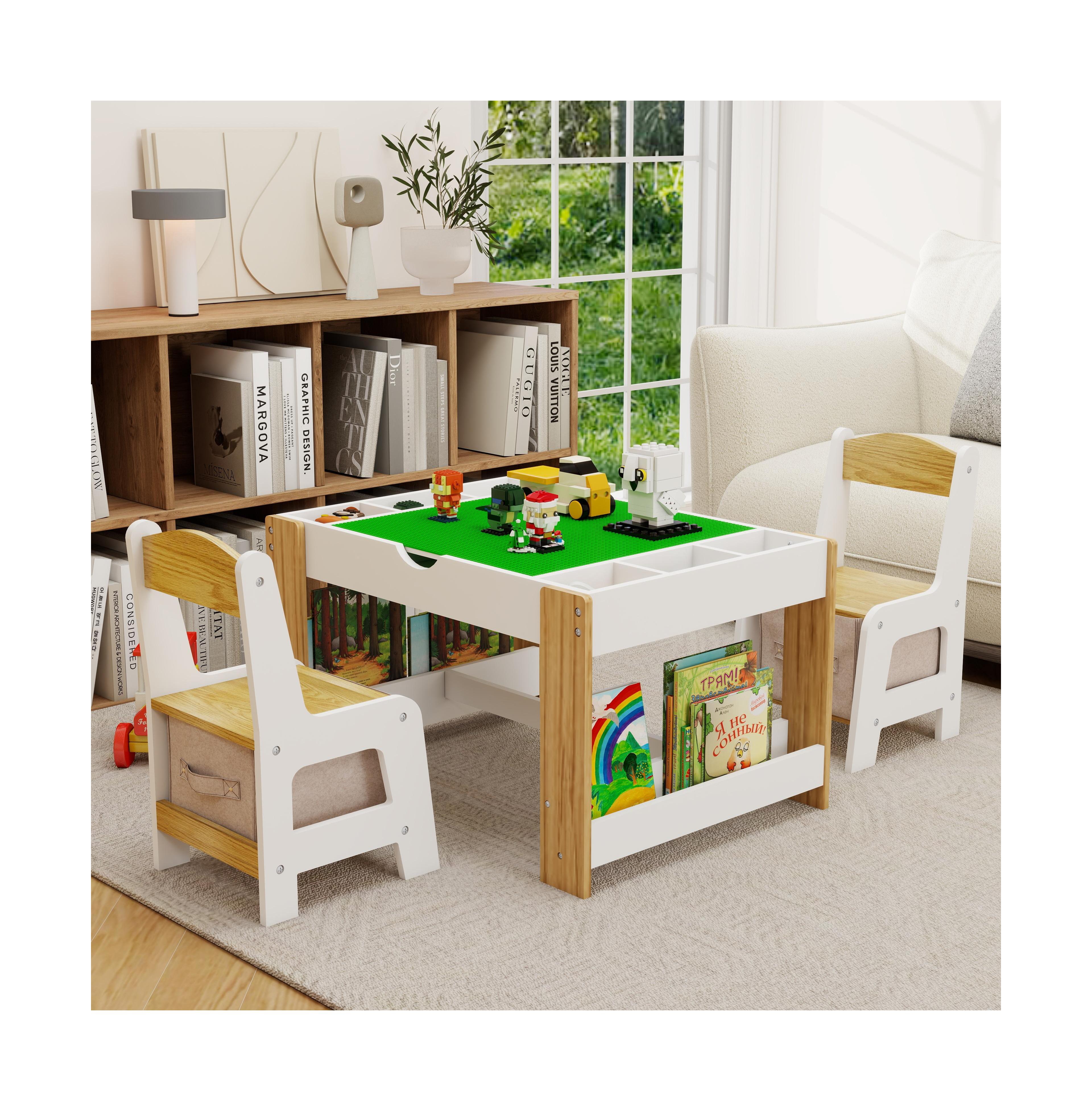 Flynama Kids 2 in 1 Play Table with 7 Storage Compartments 2 Chairs Lego Compatible Building Surface Whiteboard Modern Activity Learning Furniture