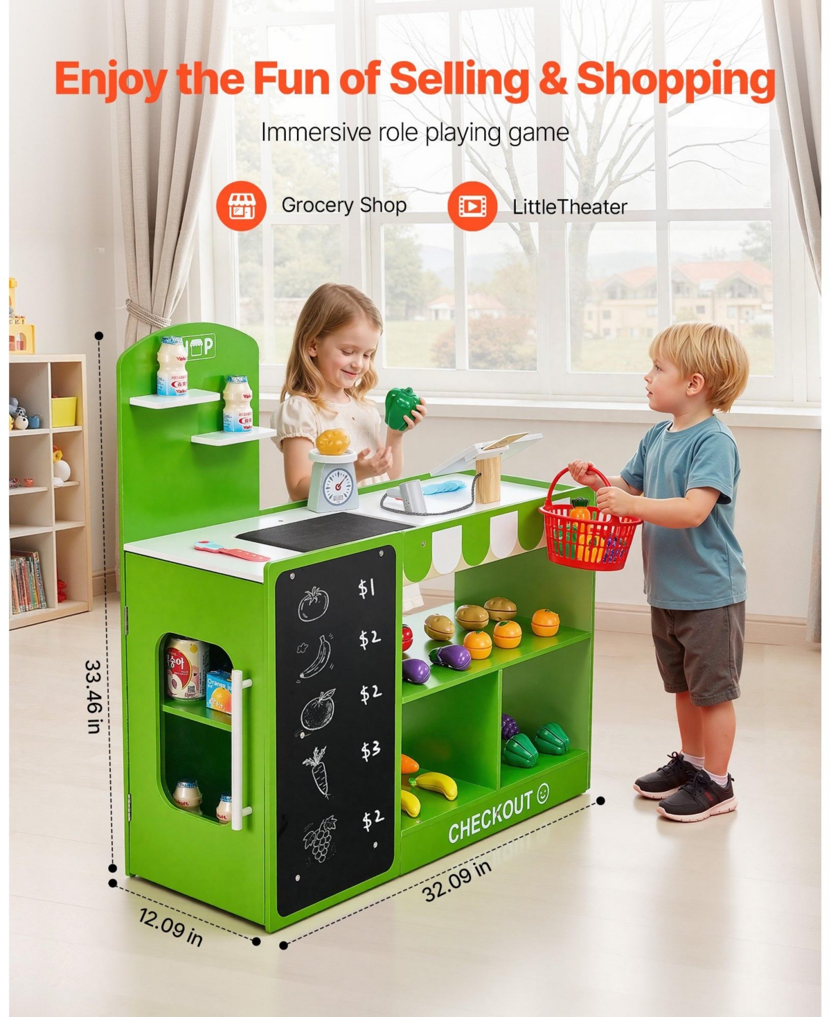 Hongge Wooden Grocery Store Playset for Kids with Accessories and Pretend Shopping Features