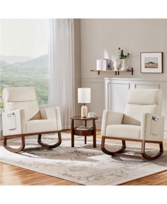 Fabric Upholstered High Back Rocking Chair with Solid Wood Legs, Side Pockets