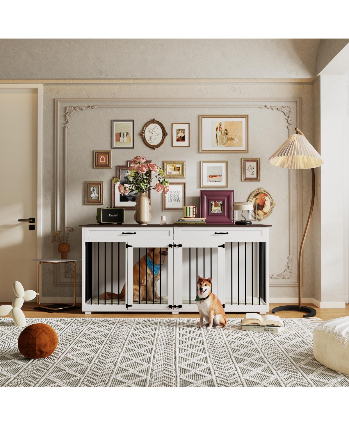 Indoor Dog House with 2 Drawers, Dog Crate for Large Medium Small Dogs