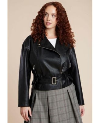 Women's Plus Size Belted Faux Leather Moto Jacket