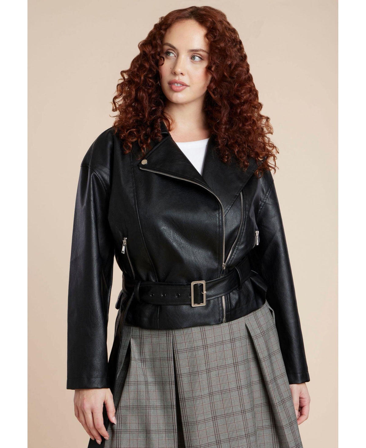 Eloquii Women's Plus Belted Faux Leather Moto Jacket