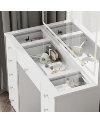 11-Drawer Vanity with 3 Color LED Mirror, Tempered Glass Countertop,Crystal Handle, Makeup Table,Chest