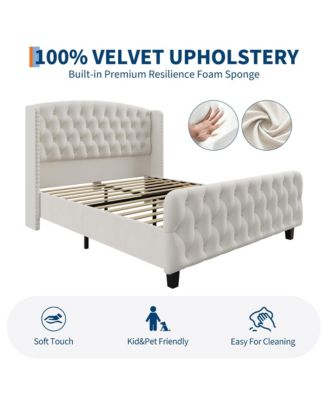 Bed Frame with Deep Button Tufted Wingback Headboard and Footboard, Velvet Upholstered Platform Frame, No Box Spring, Easy Assembly