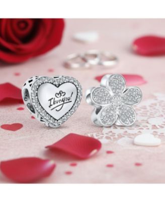 Set of 2 Words "I LOVE YOU" Crystal Accent Edge Love Heart Shape & Clear CZ Flower Shape Charm Bead Oxidized .925 Sterling Silver
