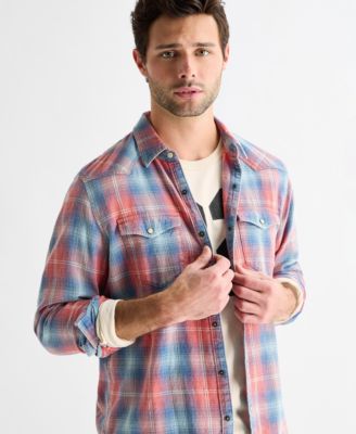 Men's Plaid Long-Sleeve Western Shirt and Long-Sleeve Football Crewneck T-Shirt paired with the 281 Baggy Clifford Jeans