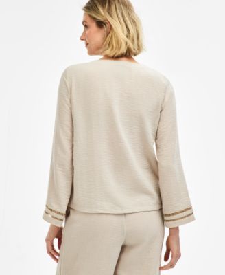 Women's Ladder-Trim Crinkle Gauze V-Neck Top