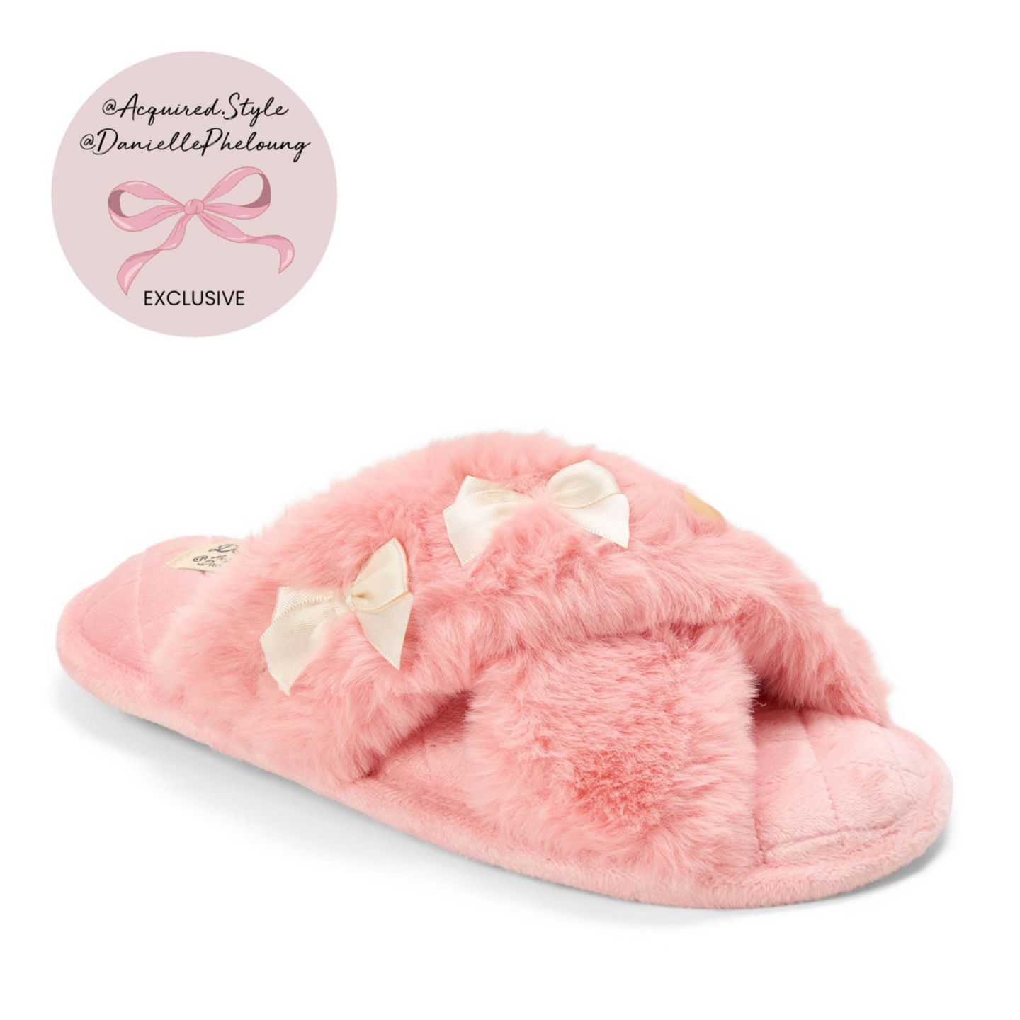 Женские тапочки Dearfoams Jessica Bows Furry Crossband Slide Slipper, цвет: Коралловый кремовый — фото 2