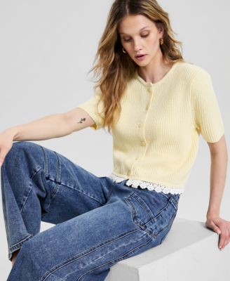 Women's Crochet-Trim Rib-Knit Sweater