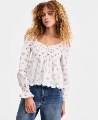 Juniors' Printed Cotton Long-Sleeve Babydoll Top