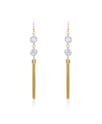 Sterling Silver 14K Gold Plated with Cubic Zirconia Chain Fringe Dangle Earrings