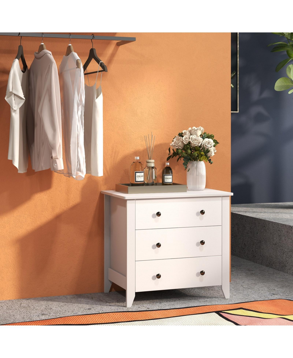 sumyeg White 3-Drawer Dresser Chest, Bedside Table with Storage