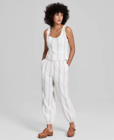 Petite Striped Linen-Blend Balloon Pants - Cream Stripe