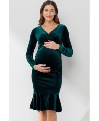 Maternity Velvet V Neck Long Sleeve Ruched Dress