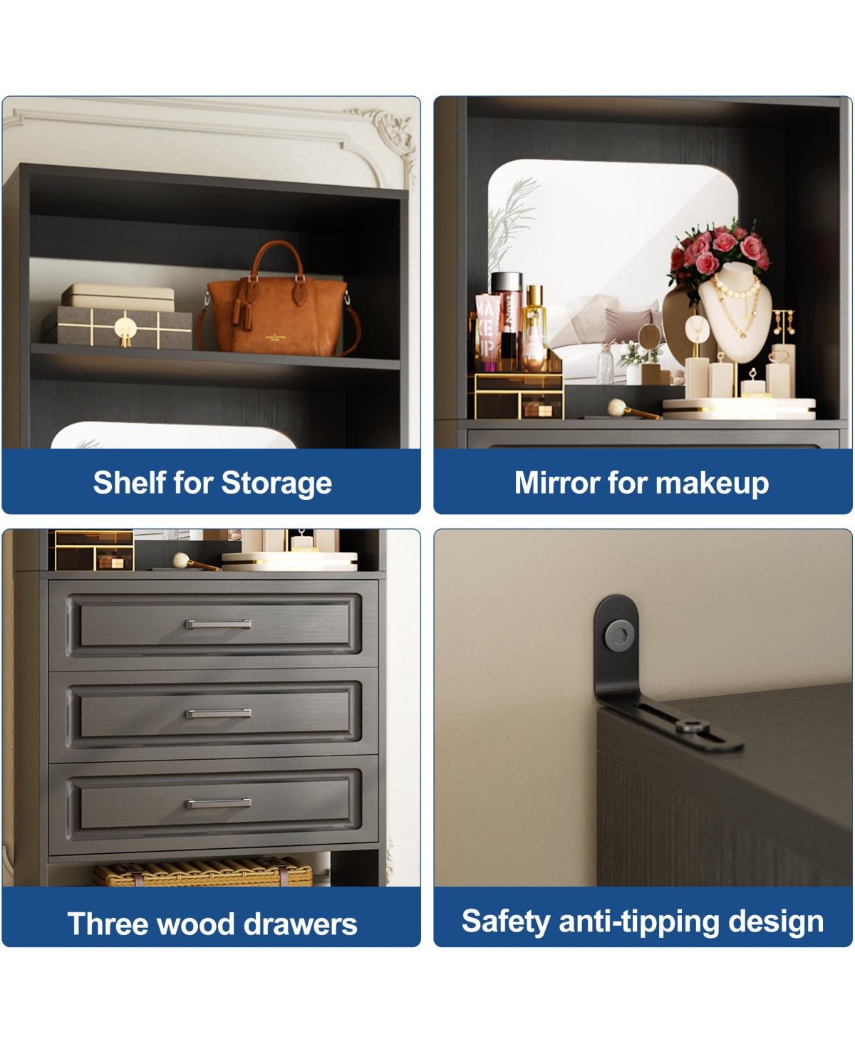 Aheaplus Mdf, Metal, Glass Freestanding Closet System with 3 Drawers, 25'' Drawer Organizer Mirror and Storage Shelves