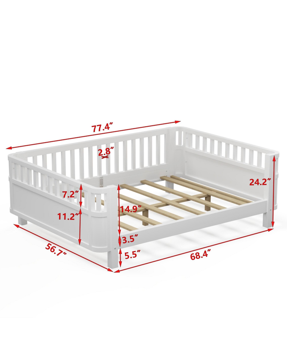 Boyel Living Full Size Wood Platform Bed for Kids with Low Profile and Safety Rails, White (Patented Design)