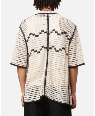 Men's Western Crochet Button Up Shirt Cream/Black