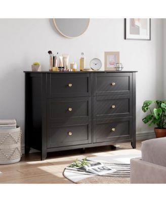 Wooden Modern Chest with Deep Drawers, Nickel Round Handle, Wood Storage Organizer - 6 Drawer Dresser