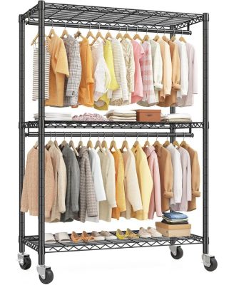 Rolling Clothes Rack, Heavy Duty Clothing Racks for Hanging Clothes with Adjustable Feet,Metal Freestanding Portable Closet