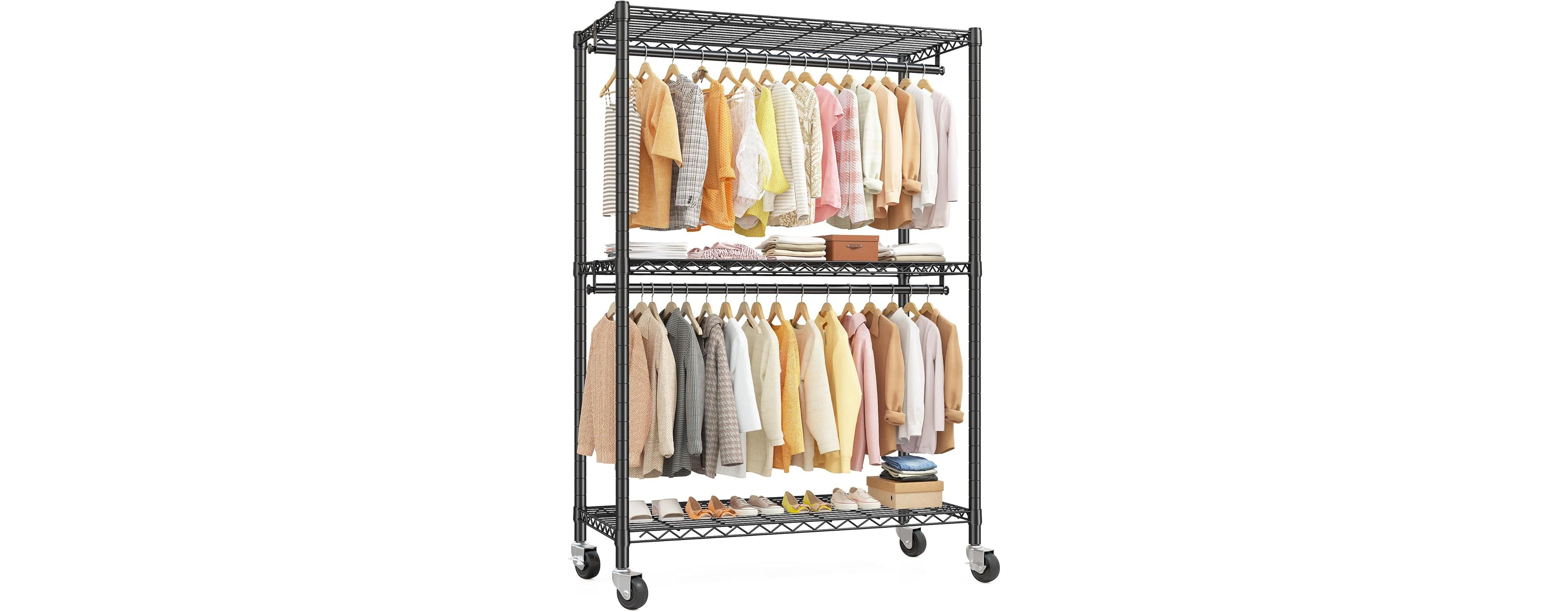 Raybee Rolling Clothes Rack, Heavy Duty Clothing Racks for Hanging Clothes with Adjustable Feet,Metal Freestanding Portable Closet