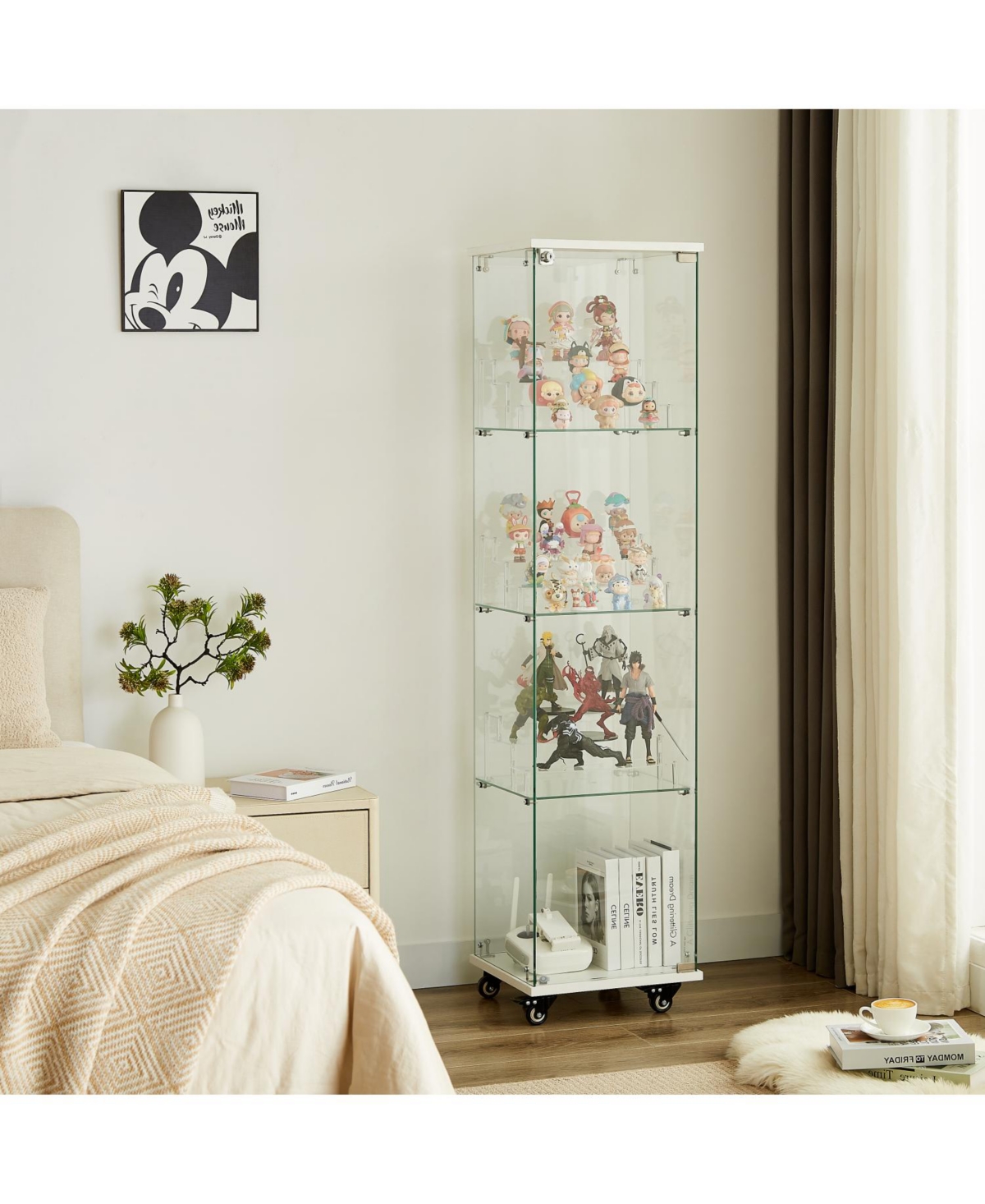Streamdale Furniture 4 Tier Glass Display Cabinet with Lock, Wheels, and Acrylic Shelves