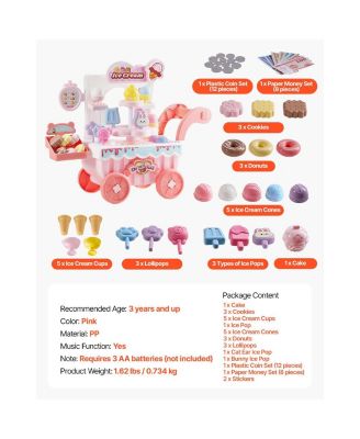 Ice Cream Cart for Kids, 27 PCS Accessories, Pretend Play Store with Storage Trolley with Pretend Money