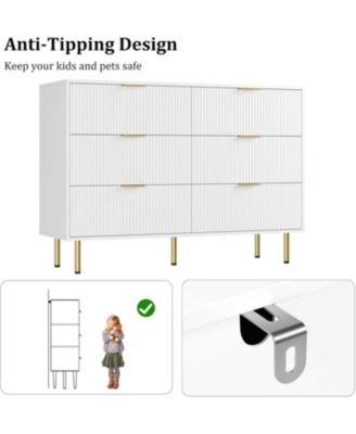 6-Drawer Modern Fluted Wood Dresser with Gold Handle, Large Storage Organizer for Bedroom, Living Room, Hallway