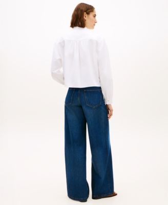 Women's Cropped Ruffled Oxford Collared Shirt