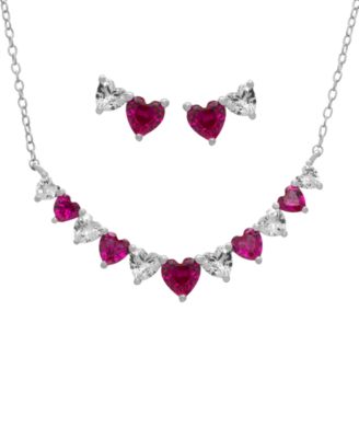 2-Pc. Lab Grown Pink Sapphire (3.58 ct. t.w.) & White Sapphire (1.36 ct. t.w.) Graduated Heart Necklace with Earrings Set in Sterling Silver