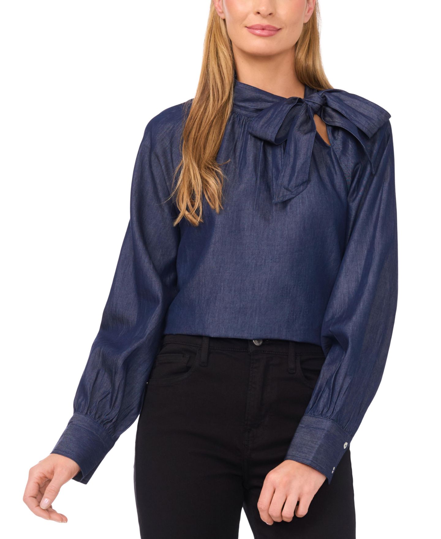 Женский топ CeCe Long Sleeve Tie Neck, цвет: Тёмно-синий — фото 1