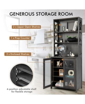 Tall Freestanding Bar Cabinet Kitchen Buffet w/ Glass Holder & Adjustable Shelf