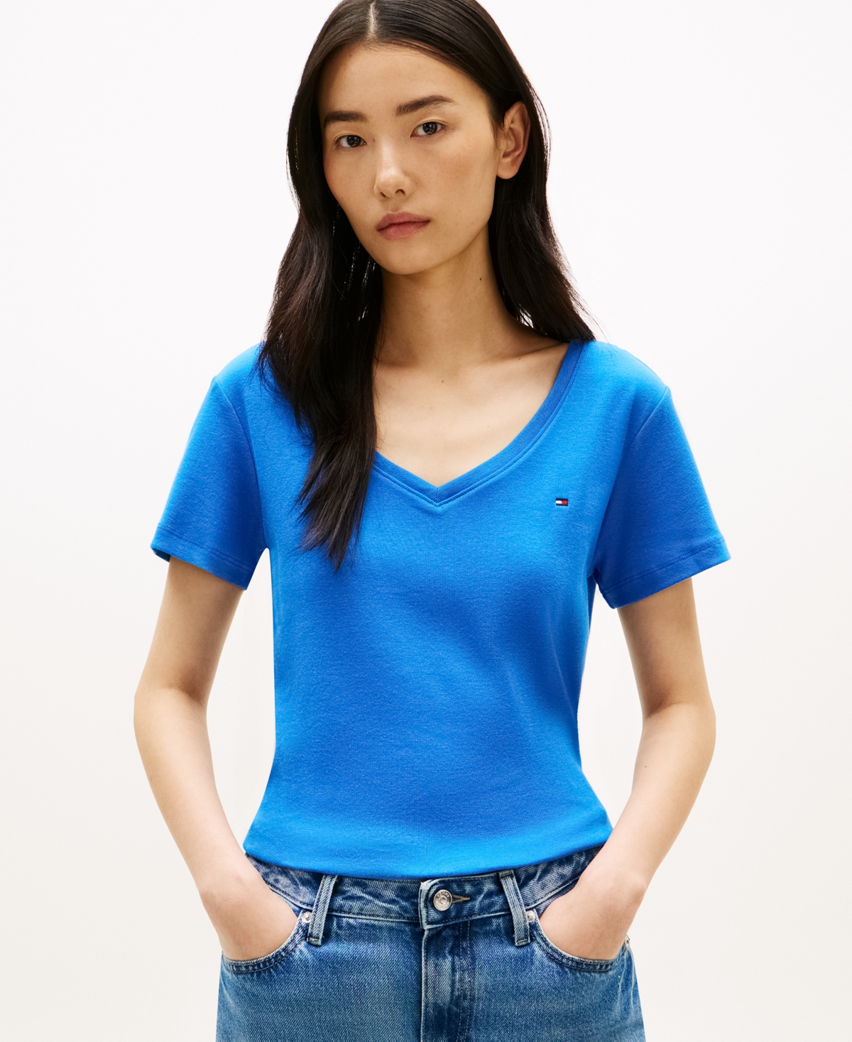 Tommy Hilfiger Women's Rib Slim V-Neck Short-Sleeve T-Shirt