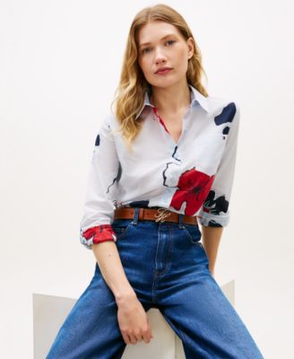 Women's Printed Button-Front Roll-Tab Shirt