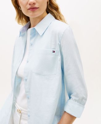 Women's Linen Roll-Tab Sleeve Collared Shirt