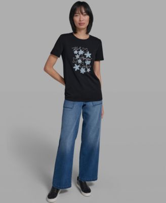 Women's Crew Neck Denim Flower T-Shirt