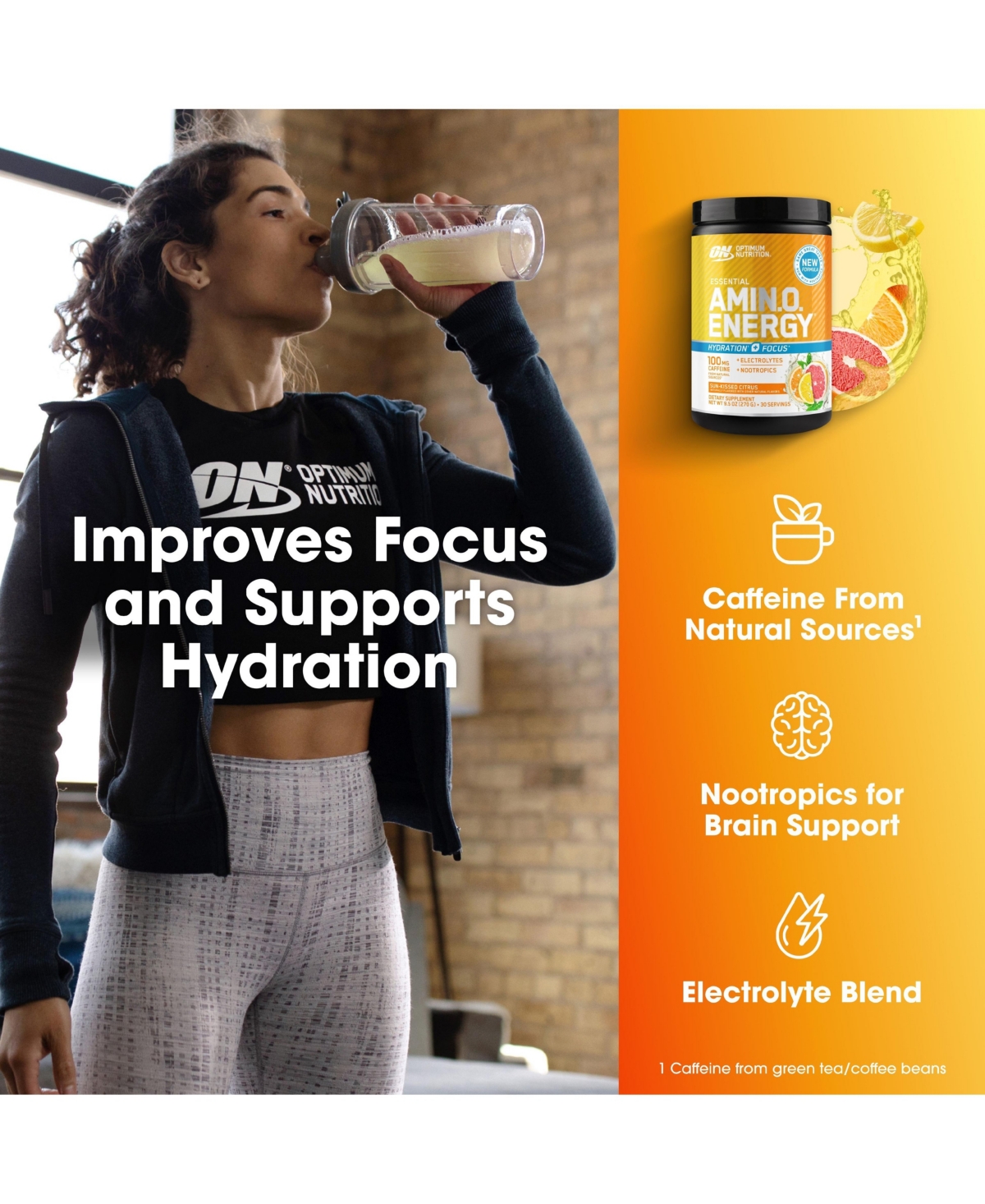 Optimum Nutrition Essential Amino Energy Hydration Plus Focus Powder, Sun-Kissed Citrus, 30 Servings