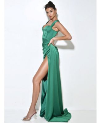Women's Zayda Green High Slit Corset Satin Gown
