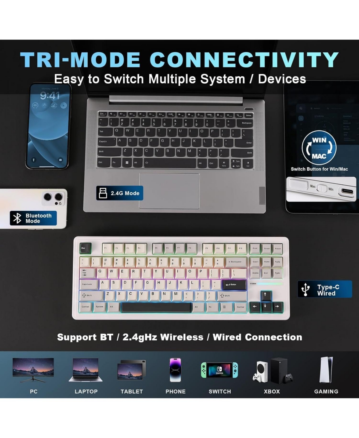 Lofree YZ87 75% Gasket Mechanical Keyboard, Tkl Wireless Hot Swappable Bluetooth Gaming Keyboard with 4-Layer Padding, BT5.0/2.4Ghz/Type-c Nkro Rgb