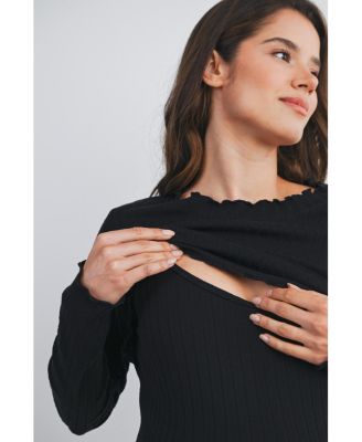 Maternity Long Sleeve Ribbed Double Layer Nursing Top